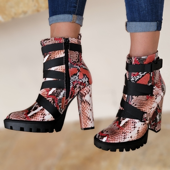 Women's Platform Ankle Boots Chunky Heel Boots Snake Color - Picture 3 of 6